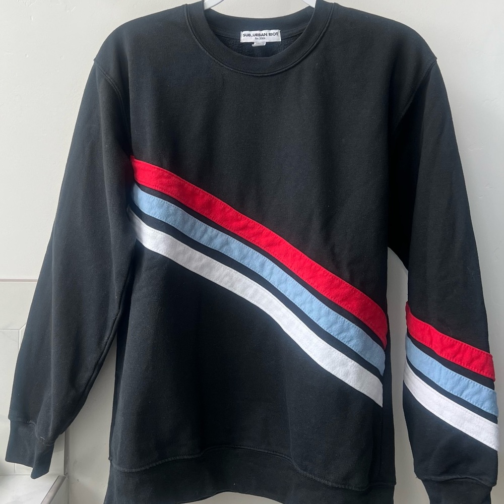 Black Sweater with Red and Blue Stripes